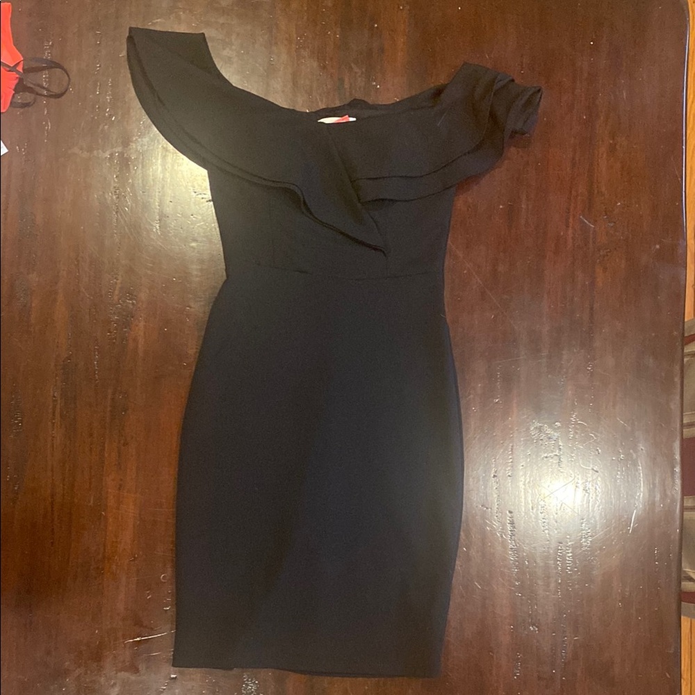 Emerald Sundae Black Asymmetrical Ruffled Midi Dress